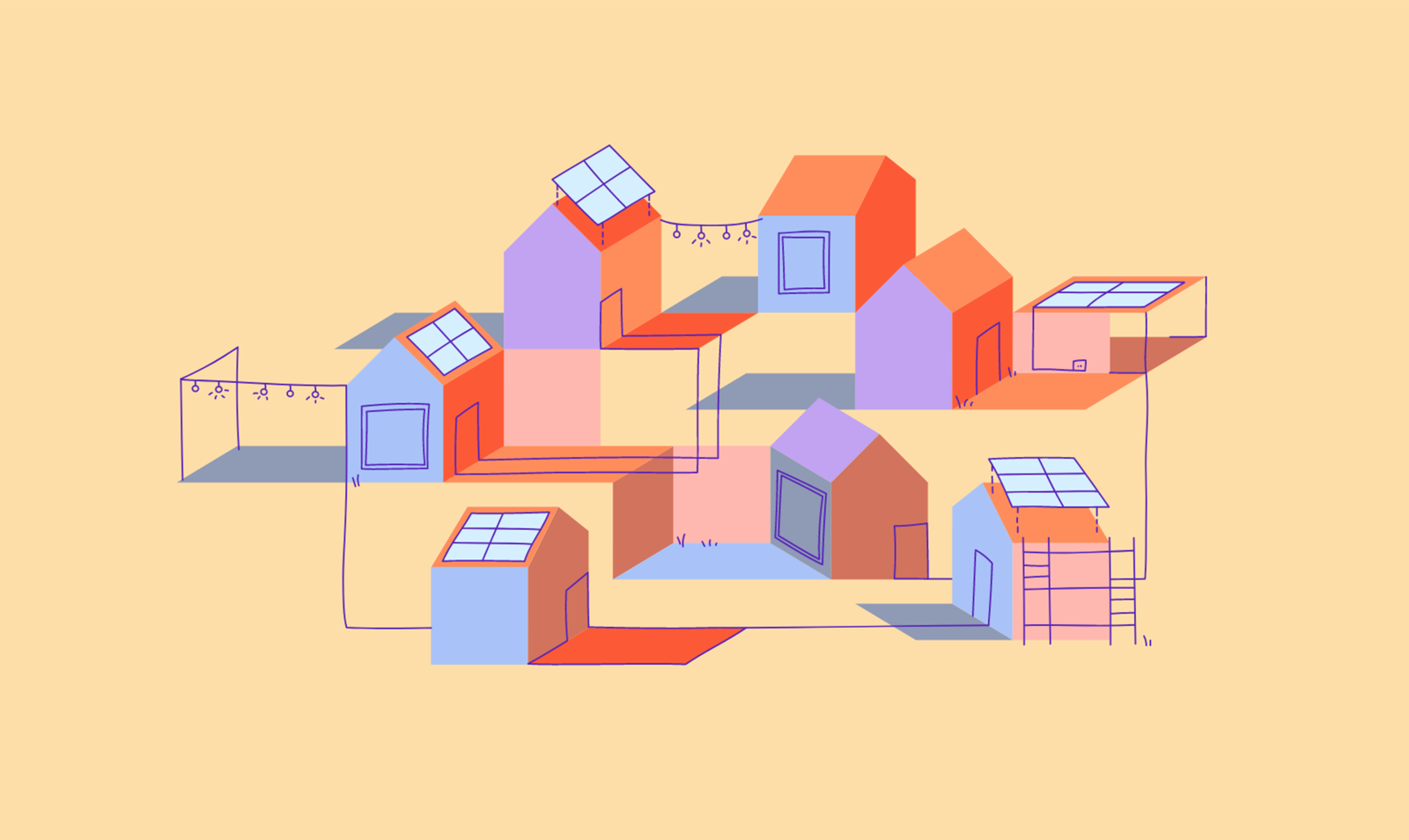 Illustration von miteinander vernetzten Häusern. Einige davon sind mit Solaranlagen auf dem Dach ausgestattet.