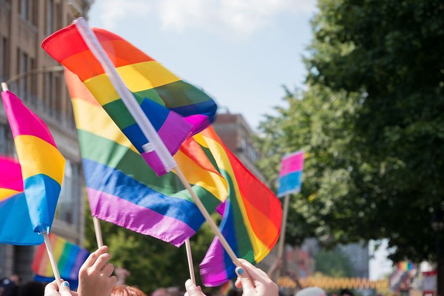 Menschen halten LGBTQI+ Flaggen hoch